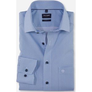 OLYMP - Blauw Fantasie - Overhemd - Wit met Blauw Dessin - Strijkvrij - Mouwlengte 7