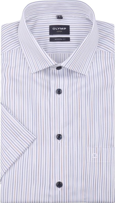 OLYMP modern fit overhemd, korte mouw, popeline, wit met beige en blauw gestreept