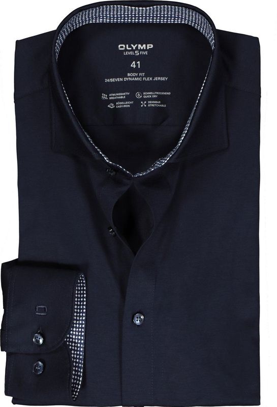 OLYMP 24/7 Level 5 Overhemd - Tricot - Marine Blauw - Strijkvriendelijk