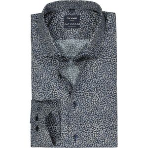 OLYMP modern fit overhemd, mouwlengte 7, popeline, donkerblauwmet beige bloemetjes dessin