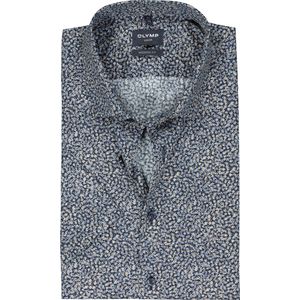 OLYMP - Modern Fit - Overhemd - Donkerblauw met Beige Bloemetjes - Popeline - Strijkvrij