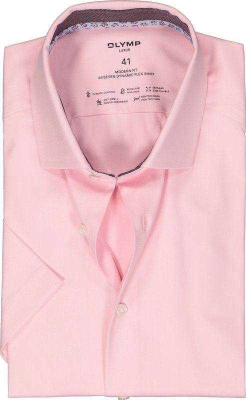 OLYMP 24/7 modern fit overhemd, korte mouw, dynamic flex, lichtroze