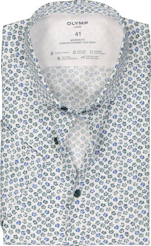 OLYMP - 24/7 - Overhemd - Wit - Korte Mouw, Dynamic Flex, Bloemen Dessin