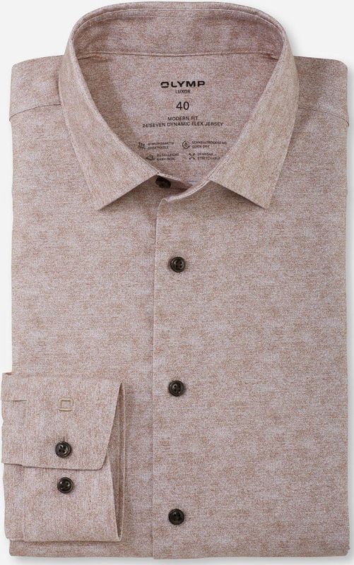 OLYMP - 24/7 Overhemd - Bruin Melange - Tricot - Strijkvriendelijk