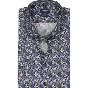 OLYMP modern fit overhemd, korte mouw, popeline, grijs met geel en roze dessin