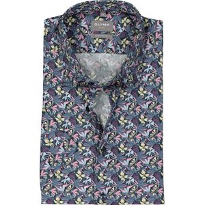 OLYMP - Multicolor Fantasie - Overhemd - Grijs met Geel en Roze - Korte Mouwen, Strijkvrij, Boordmaat: 41