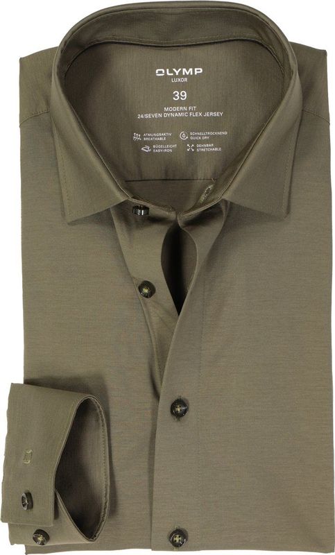 OLYMP 24/7 Overhemd - Tricot - Modderbruin - Strijkvriendelijk