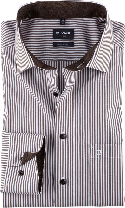 OLYMP - Modern Fit - Overhemd - Bruin Gestreept - Popeline