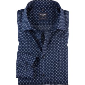 OLYMP - Modern Fit - Overhemd - Marine met Lichtblauw en Wit Dessin - Strijkvrij - Mouwlengte 7