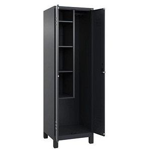 C+P Reinigingsmiddelkast Classic PLUS, 1 compartiment, scheidingswand in het midden, ingekort, grijs, b = 600 mm, met voeten, draaigrendel