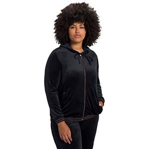 Ulla Popken Dames grote maten plus size fluwelen sweatjas, tulpen, capuchon, glitterdetails 811301, zwart, 46-48