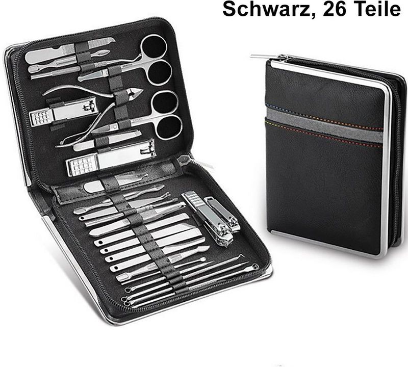 TPFBeauty Maniküre- & Pediküre-Set 26-teilig aus Kunstleder - verschiedene Farben - Schwarz