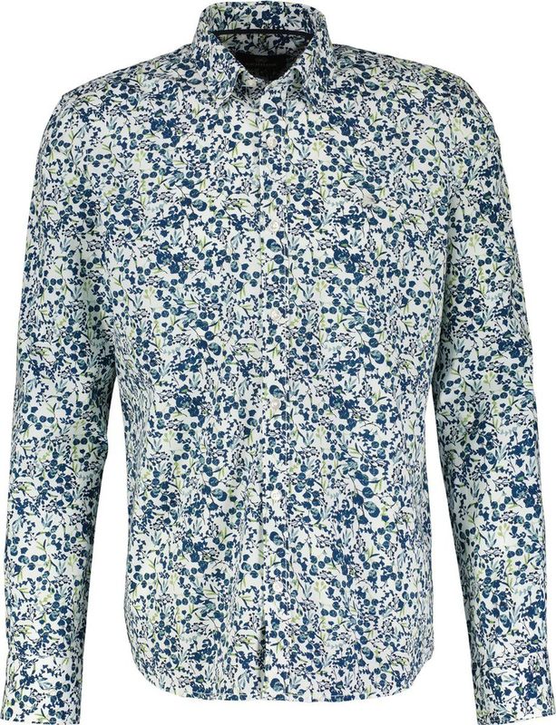 Lerros - Heren Overhemd - All-Over Print - Blauw Groen - Katoen Elastaan