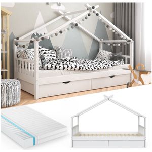 VitaliSpa Kinderbett Hausbett Kinderhaus Design Weiß 90x200 Schublade Matratze