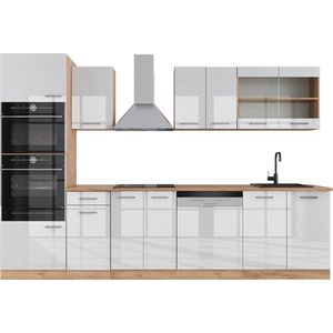 Vicco R-Line Complete keukeneenheid – 300 cm met hoge kast, zonder werkblad Wit hoogglans/goud power eiken met hoge kast, zonder werkblad