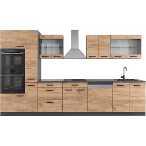 Vicco R-Line Complete keukeneenheid – 350 cm met hoge kast, zonder werkblad Eik goud/antraciet met hoge kast, zonder werkblad
