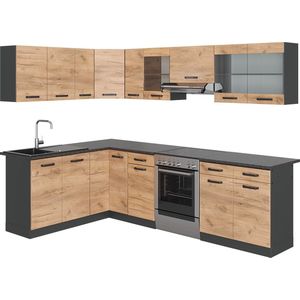Vicco Rick Hoekkeuken – 267 x 167 cm , WB Zwart patroon Antraciet/gouden eik , WB Zwart patroon