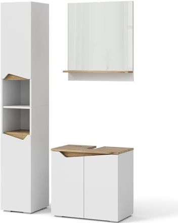 Vicco Badmöbel-Set Marelle Weiß Artisan moderne Serie Badezimmer dekorative Front Waschtischunterschrank Badspiegel Hochschrank