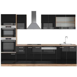 Vicco R-Line Complete keukeneenheid – 300 cm met hoge kast, zonder werkblad Eiken hoogglans zwart/goud met hoge kast, zonder werkblad