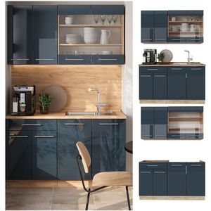 Vicco Fame-Line Enkele keuken – 140 cm , WB Antraciet Donkerblauw hoogglans/gouden eik , WB Antraciet