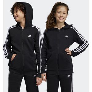 adidas - Essentials 3-Stripes Fleece Ritshoodie - Kinderen - Zwart - Fleece, 78% Katoen / 22% Gerecycled Polyester
