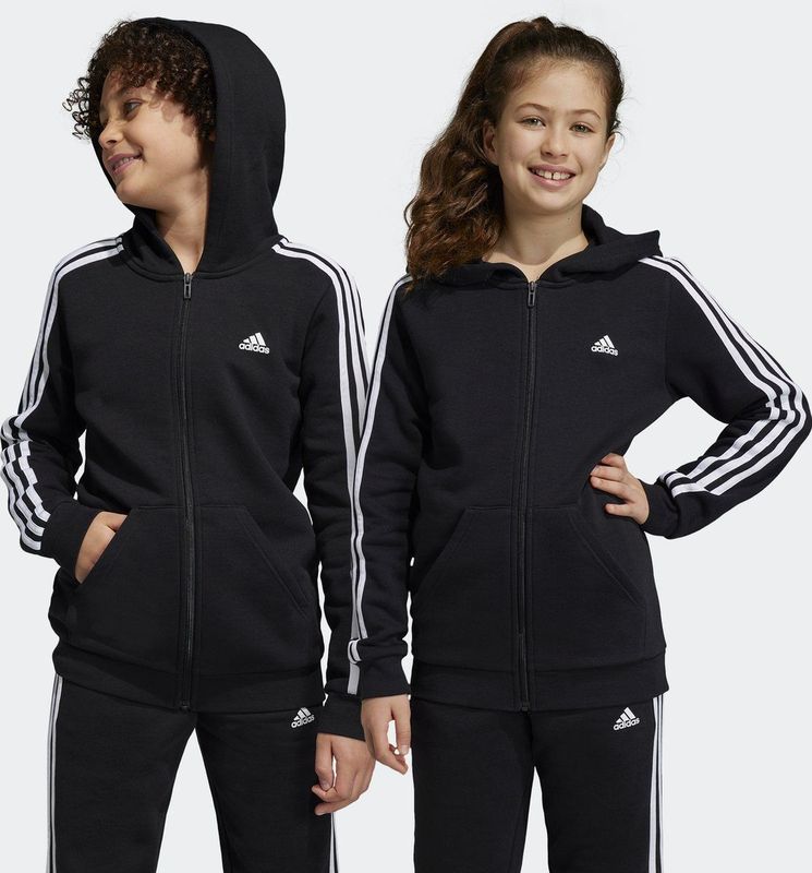 adidas - Essentials 3-Stripes Fleece Ritshoodie - Kinderen - Zwart - Fleece, 78% Katoen / 22% Gerecycled Polyester