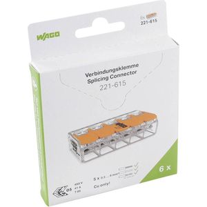 WAGO 221-615 221 Verbindingsklem Flexibel: 0.5-6 mm² Massief: 0.5-6 mm² Aantal polen: 5 6 stuk(s) Transparant, Oranje