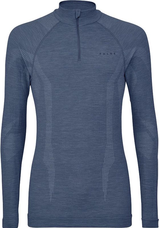 FALKE ergonomic wool tech rits O-hals longsleeve thermoshirt blauw