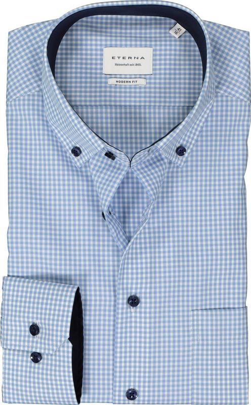 ETERNA - Modern Fit Overhemd - Lichtblauw Geruit - 100% Katoen - Strijkvrij