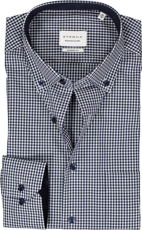 ETERNA - Modern Fit - Overhemd - Middenblauw met Wit Geruit - 100% Katoen - Strijkvrij
