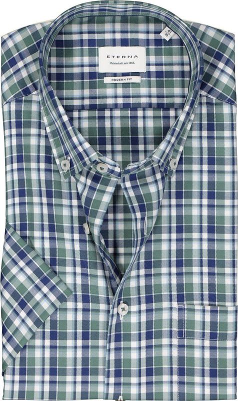 ETERNA - Modern Fit - Overhemd - Groen Geruit - Korte Mouw - Strijkvrij