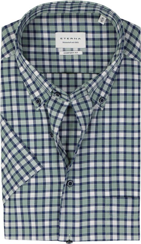 ETERNA - Comfort Fit - Overhemd - Blauw Wit Groen Geruit - Korte Mouw - Strijkvrij