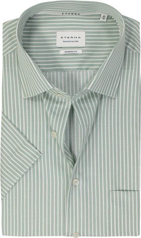 ETERNA - Groen Gestreept Overhemd - Katoen - Korte Mouwen - Kent Kraag