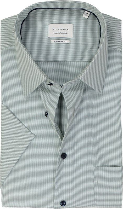 ETERNA - Groen Effen Overhemd - Katoen - Korte Mouwen - Kent Kraag