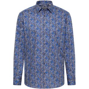 Eterna - Lange Mouw Overhemd - Blauw - 100% Katoen - Bladmotieven