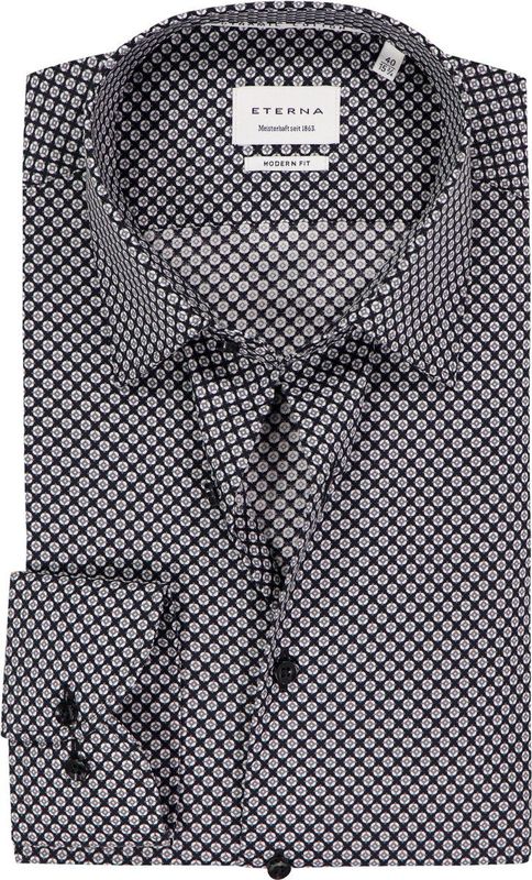 ETERNA - Modern Fit - Overhemd - Zwart met Grijs en Wit Dessin - Strijkvrij