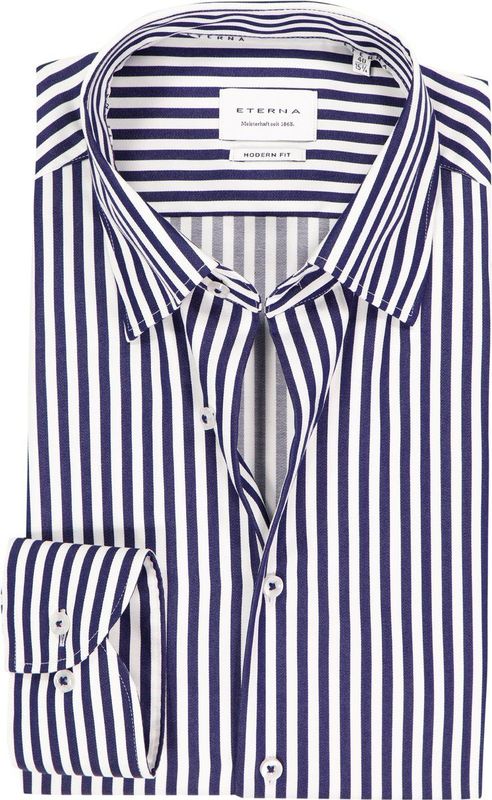 ETERNA - Modern Fit Overhemd - Donkerblauw Gestreept - 100% Katoen - Strijkvrij