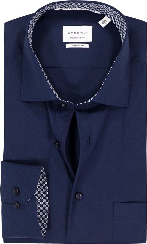 Eterna - Overhemd - Donkerblauw - 100% Katoen - Strijkvrij met Borstzak