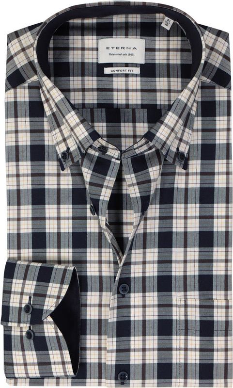 ETERNA - Comfort Fit - Overhemd - Blauw met Wit en Geel Geruit - Strijkvrij