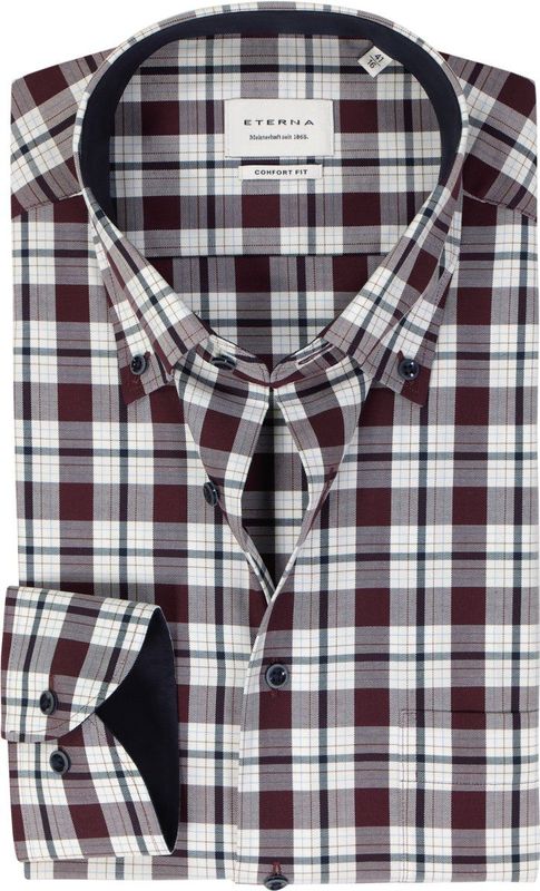 ETERNA - Comfort Fit Overhemd - Bordeaux met Wit en Blauw Geruit - Strijkvrij