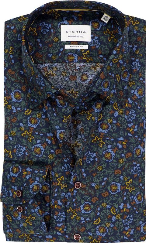 ETERNA - Modern Fit - Overhemd - Donkerblauw Dessin - Strijkvrij