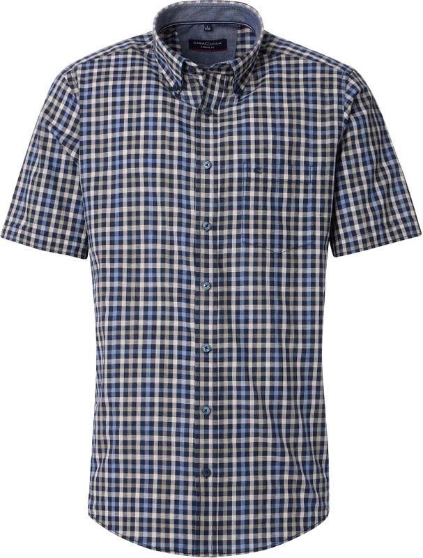 CASA MODA Sport casual fit overhemd, korte mouw, dobby, blauw met beige geruit