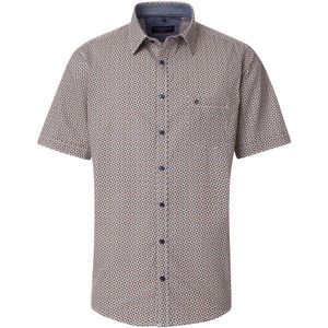 CASA MODA Sport Casual Fit Overhemd - Korte Mouw - Donkerblauw met Oranje en Wit Dessin