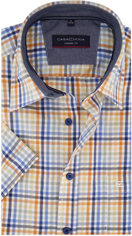 CASA MODA - Sport Casual Fit - Overhemd - Wit met Oranje Blauw en Geel Dessin - Korte Mouw