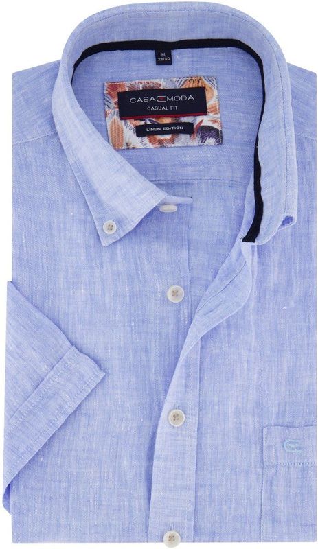 Casa Moda - Linnen Overhemd - Blauw - 100% Linnen - Korte Mouw, Button-Down Kraag, Met Borstzak