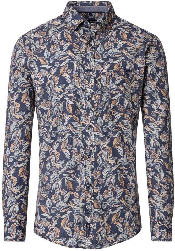 CASA MODA Sport casual fit overhemd, popeline, donkerblauw met beige bloemen dessin