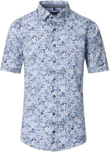 CASA MODA Sport casual fit overhemd, korte mouw, popeline, blauw met wit bloemen dessin