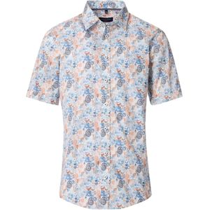 CASA MODA Sport Overhemd - Korte Mouw - Popeline - Wit met Blauw en Oranje Dessin