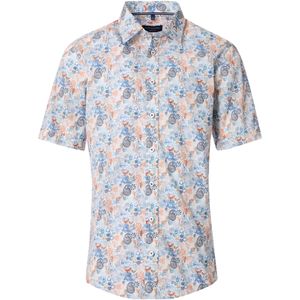 CASA MODA Sport Overhemd - Korte Mouw - Popeline - Wit met Blauw en Oranje Dessin
