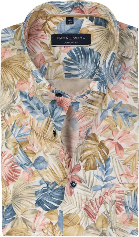 CASA MODA - Comfort Fit - Overhemd - Wit met Rood Blauw en Beige Dessin - Korte Mouw - Popeline